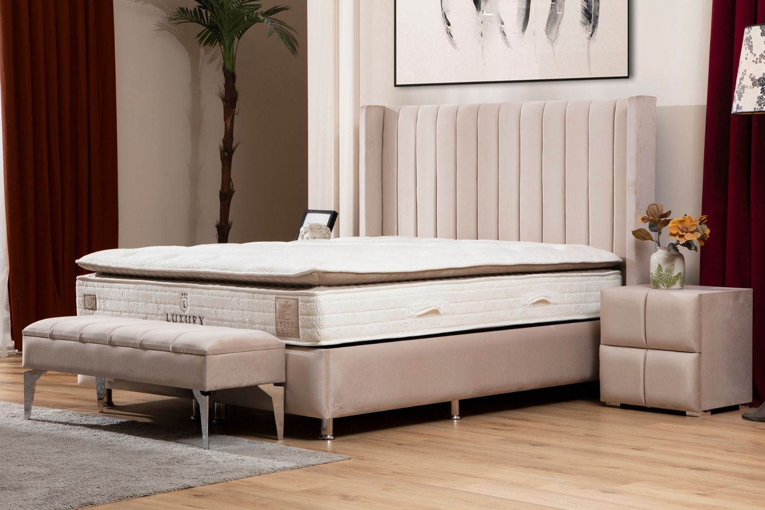 Pack complet Lit coffre Tokyo Beige + Matelas Nova Premium 32cm