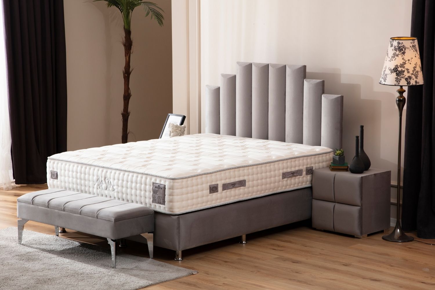 Pack complet Lit coffre Pyramide Gris + Matelas Nova Premium 32cm