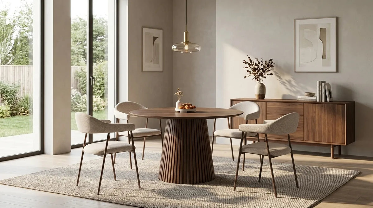 Pack Table à manger Mia 120cm + 4 chaises Alma Chenille Noyer