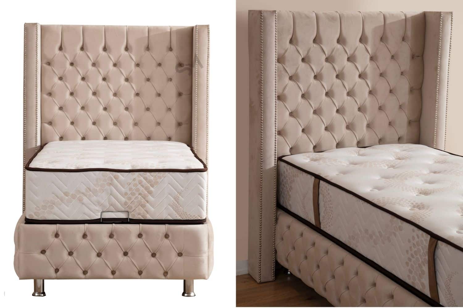 Lit coffre Clouté Beige