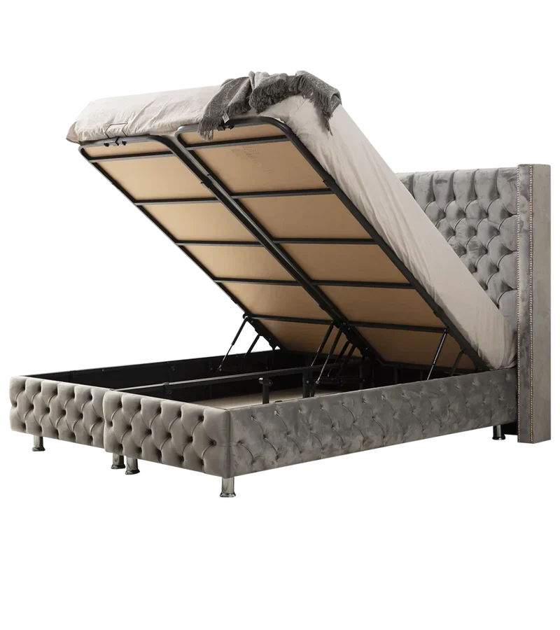 Pack complet Lit coffre Armony Clouté Gris + Matelas Nova Premium 32cm