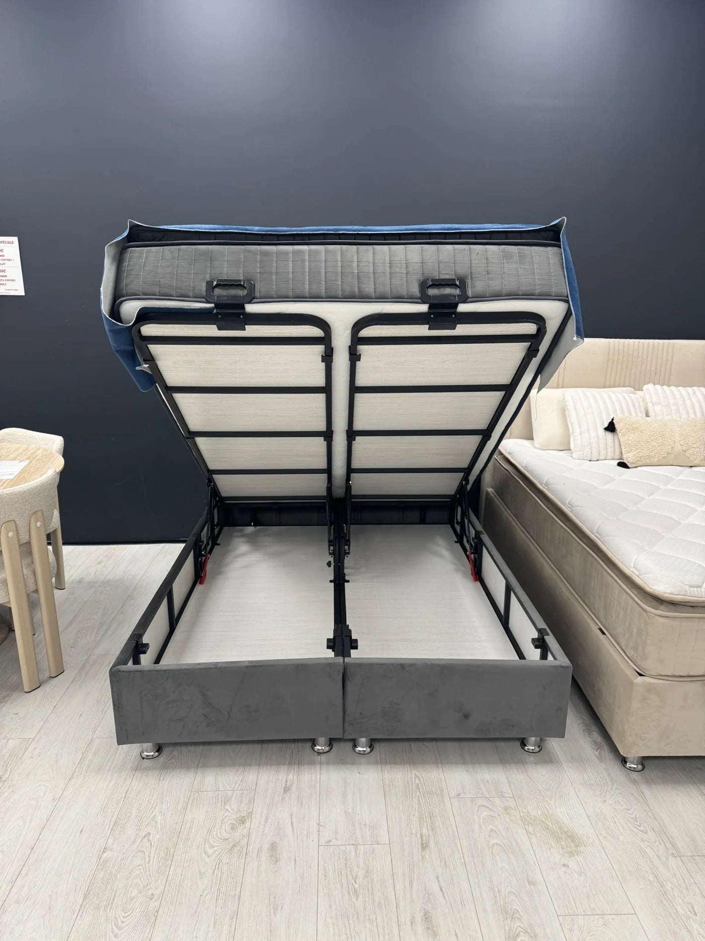 Pack complet Lit coffre Lugano Gris + Matelas 30cm