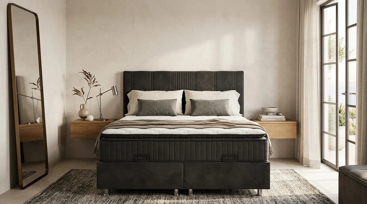 Pack complet Lit coffre Lugano Gris + Matelas 30cm