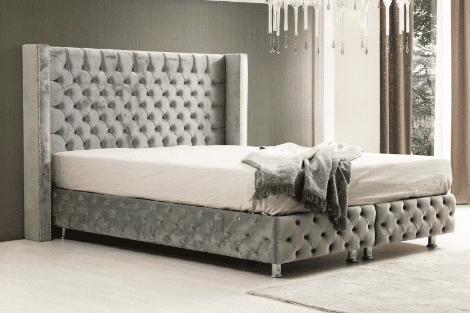 Pack complet Lit coffre Armony Clouté Gris + Matelas Nova Premium 32cm