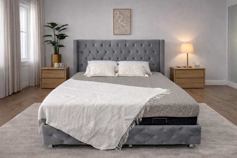 Pack complet Lit coffre Armony Clouté Gris + Matelas Nova Premium 32cm