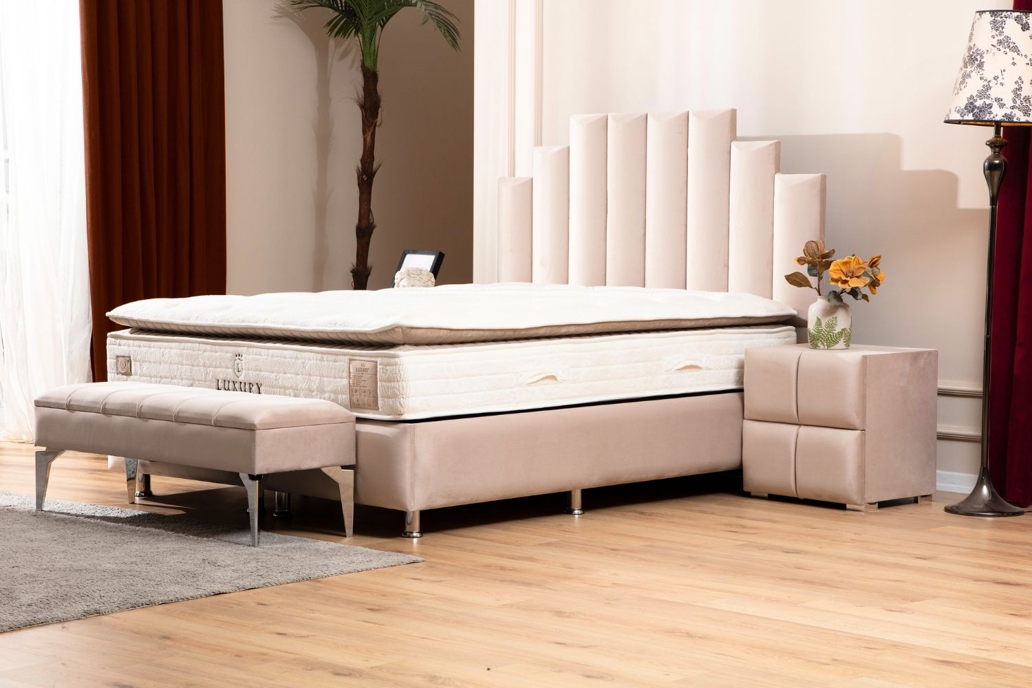 Pack complet Lit coffre Pyramide Beige + Matelas Nova Premium 32cm