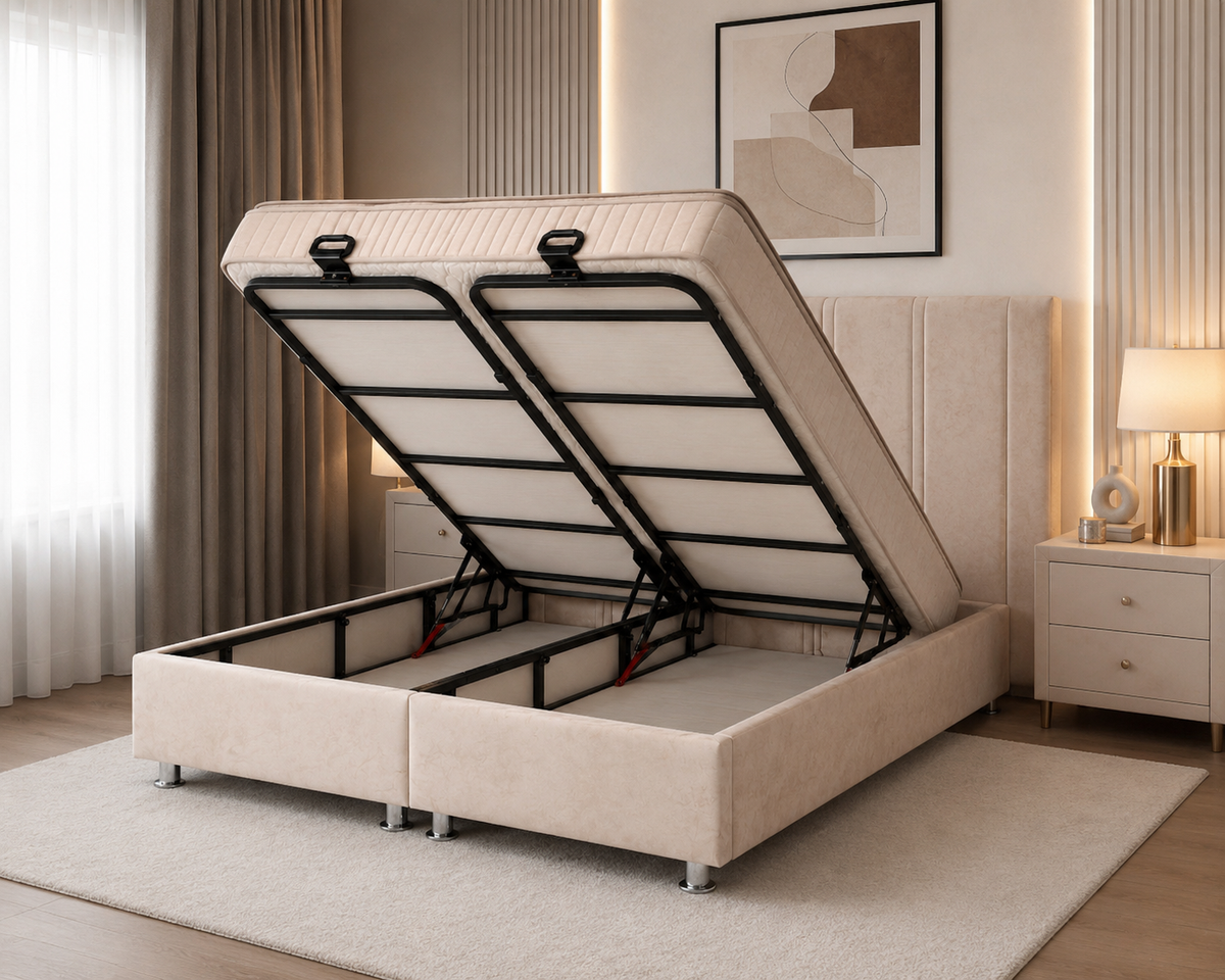 Pack complet Lit coffre Lugano Beige + Matelas 30cm