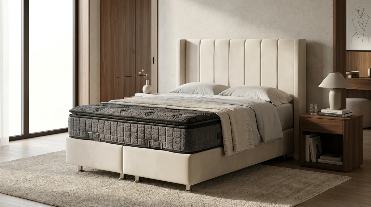 Pack complet Lit coffre Tokyo Beige + Matelas Nova Premium 32cm