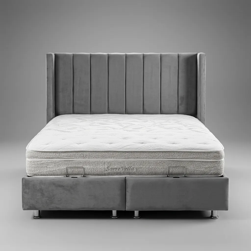 Pack complet Lit coffre Tokyo Gris + Matelas Nova Premium 32cm